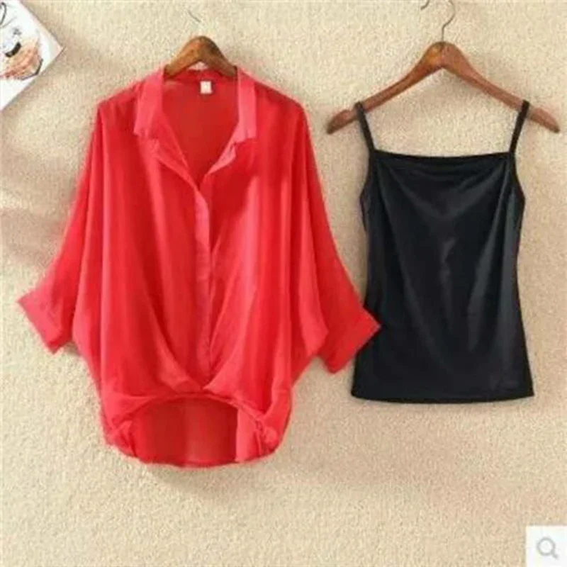 Casual Commuting Chiffon Shirt and Sling Vest Two-piece Set Women\'s Clothing Summer Bat Sleeve Slimming Trendy Loose Female Top