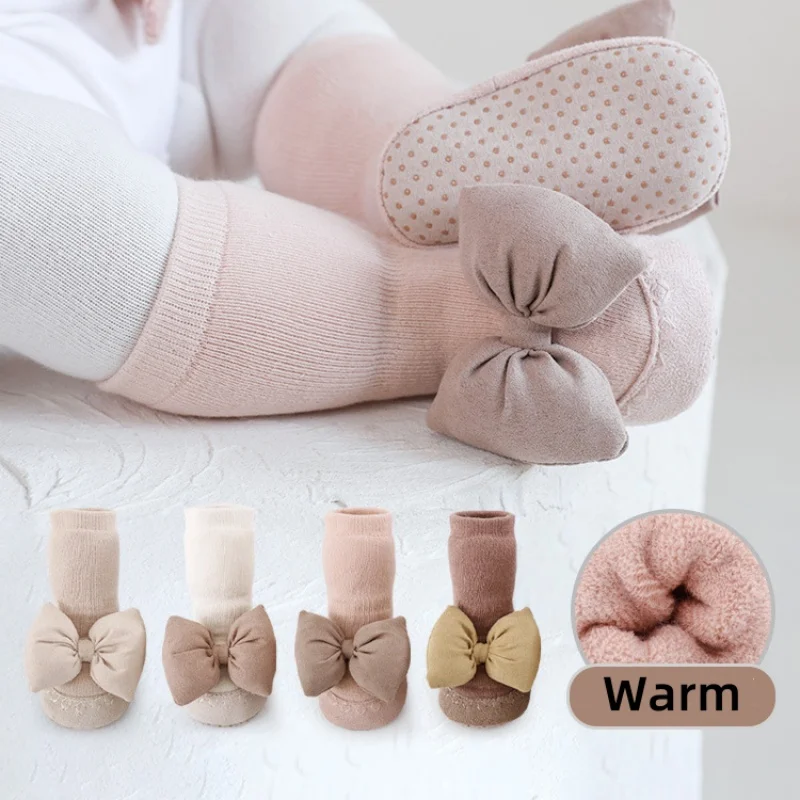 

1 Pair Newborn Sock Shoes Korean Fashion Bowknot Non-slip Floor Calf Sock Shoes for Baby Girl Autumn Winter Cotton First Walker