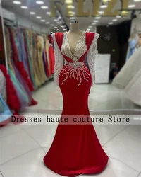 Luxury Red Beaded Lace Long Sleeves Mermaid Arabic Evening Dresses 2024 Elegant Mexican Crystals Dubai Wedding Party Dress