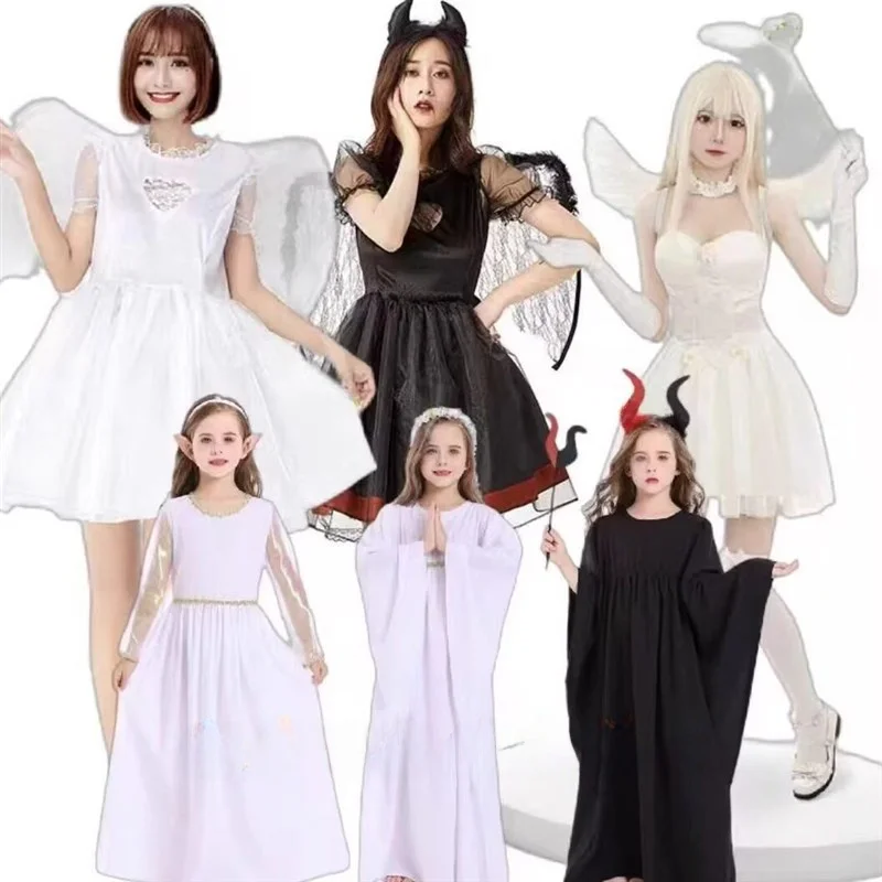 

Halloween Fallen Black Angel Cosplay Costume with Wings Short Skirt Devilish White Angel Skirt for Women's Festival