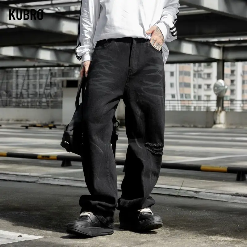 European and American Streetwear Brand High Street Washed Gradient Fake Hole Loose Straight-leg Jeans Fashionable Men's Trousers
