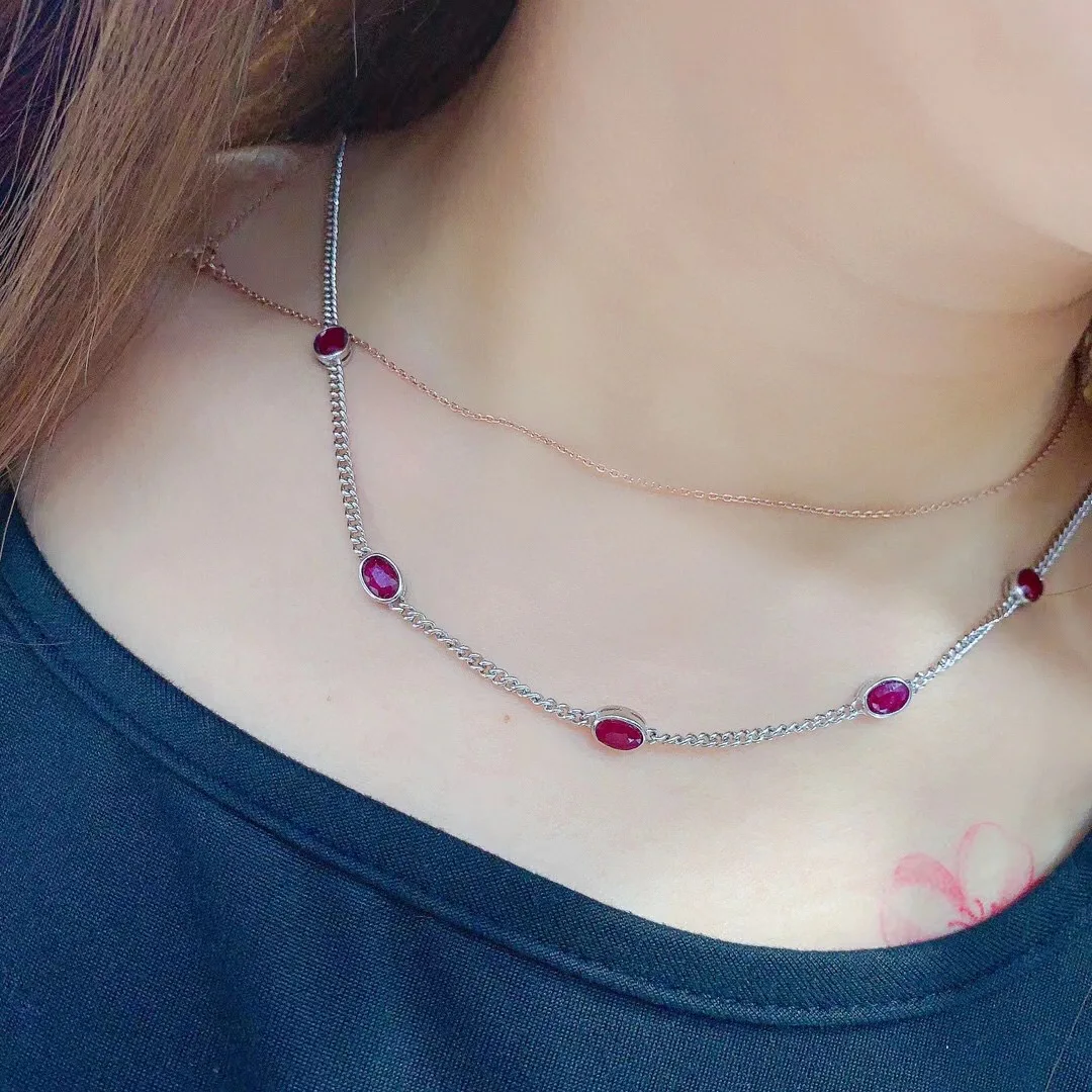 Luxury Ruby Necklace for Party 5 Pieces 4mm*6mm Total 2.5ct Natural Ruby Wedding Necklace 925 Silver Gemstone Jewelry