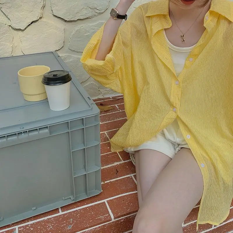 Yellow Stripe Shirts Women Summer Stripe Mid Length Shirt Versatile Loose Thin Blouse Female