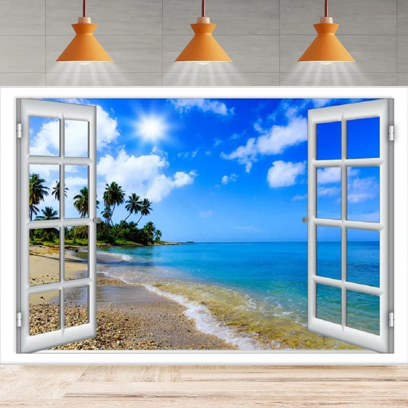 

Tropical Island Photography Backdrop Window View Coconut Trees Sea Waves Beach Background Wedding Party Backdrop Wall Banner