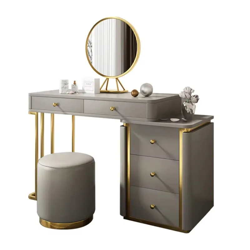 Modern style dresser mirror and feces luxury leather stainless steel mirror makeup table girl with drawers