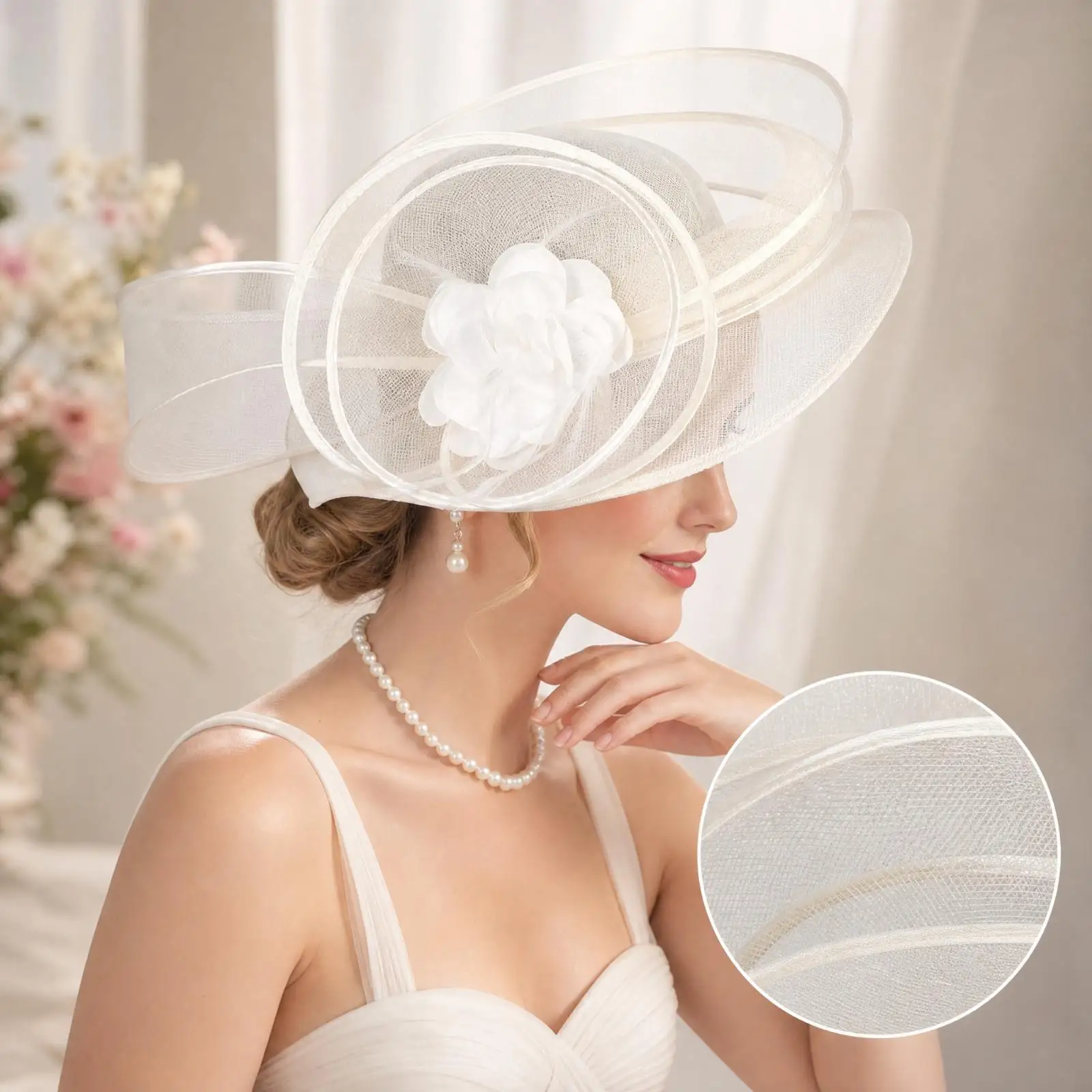 Luxury Women Sun Hat Fascinator for Wedding Guest with Structured Mesh Body and Sculptural Brim for Costume Styling
