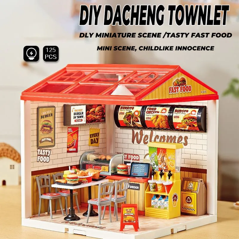 บ้านตุ๊กตาจิ๋ว DIY แบบ 3 มิติ ชุดประกอบโมเดลพร้อมไฟ LED ของตกแต่งห้องนอน ห้องสร้างสรรค์ ของเล่นบ้านประกอบรูปเบอร์เกอร์