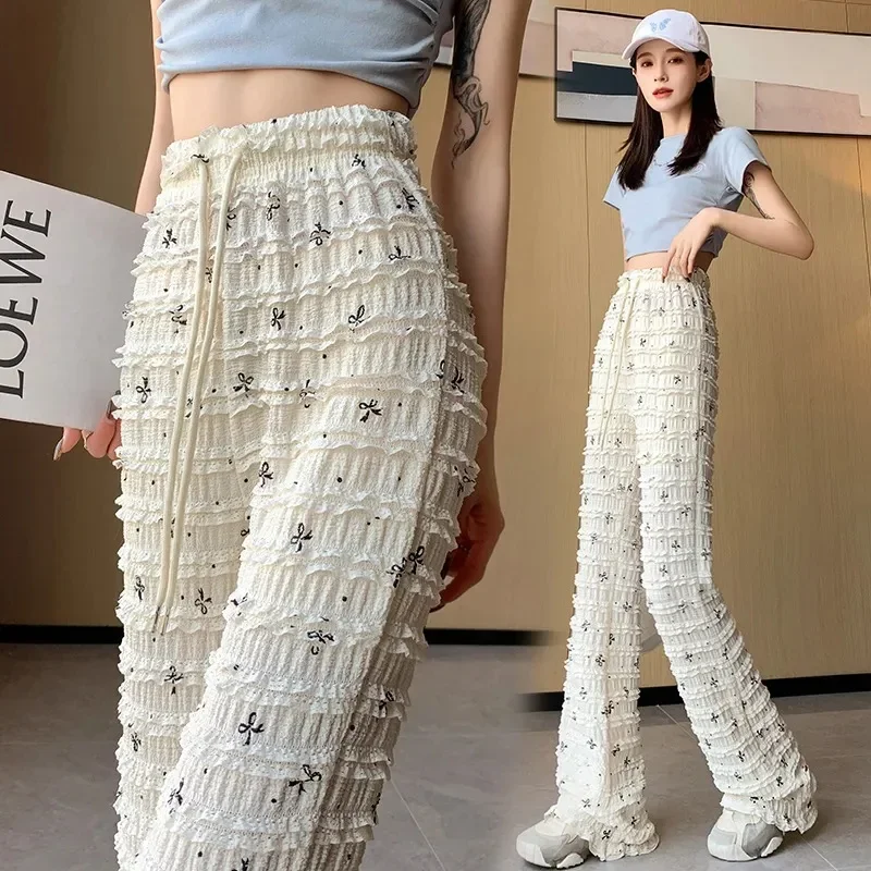 Spring Summer Lace Pants 2024 New Elastic High Waist Bow Print Micro-La Fashion Pants Women Black White Elastic Waist Trousers