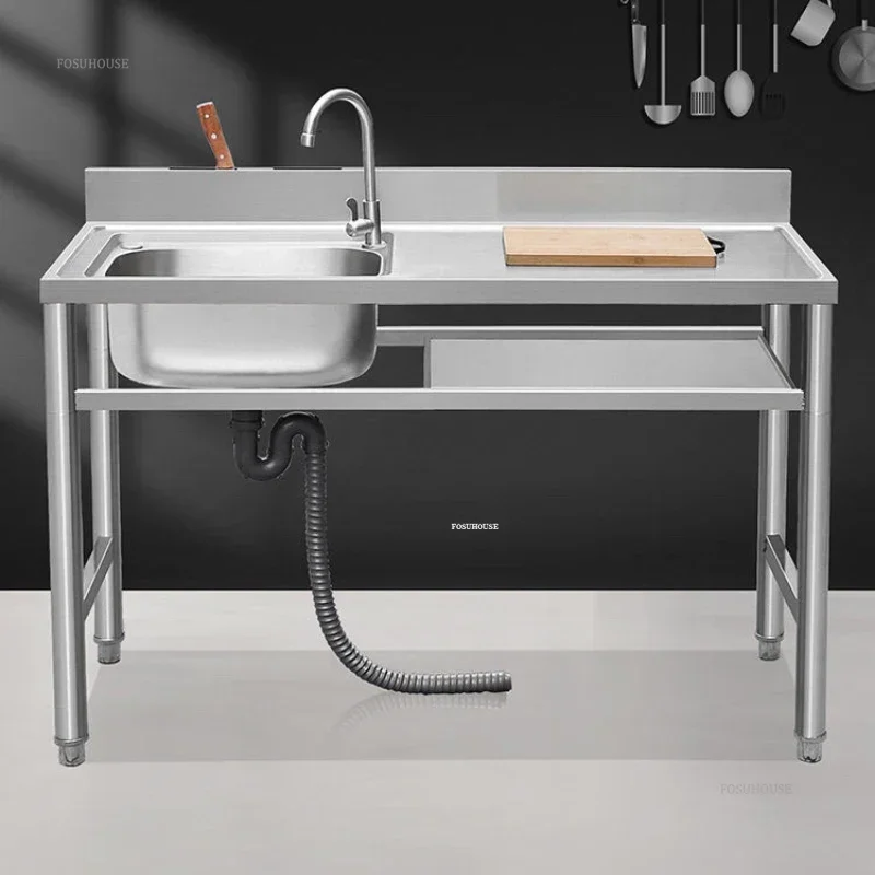 

Commercial Outdoor Dishwashing Sink Bold Stainless Steel Kitchen Sinks Home Floor Countertop Integrated Double Sink with Bracket