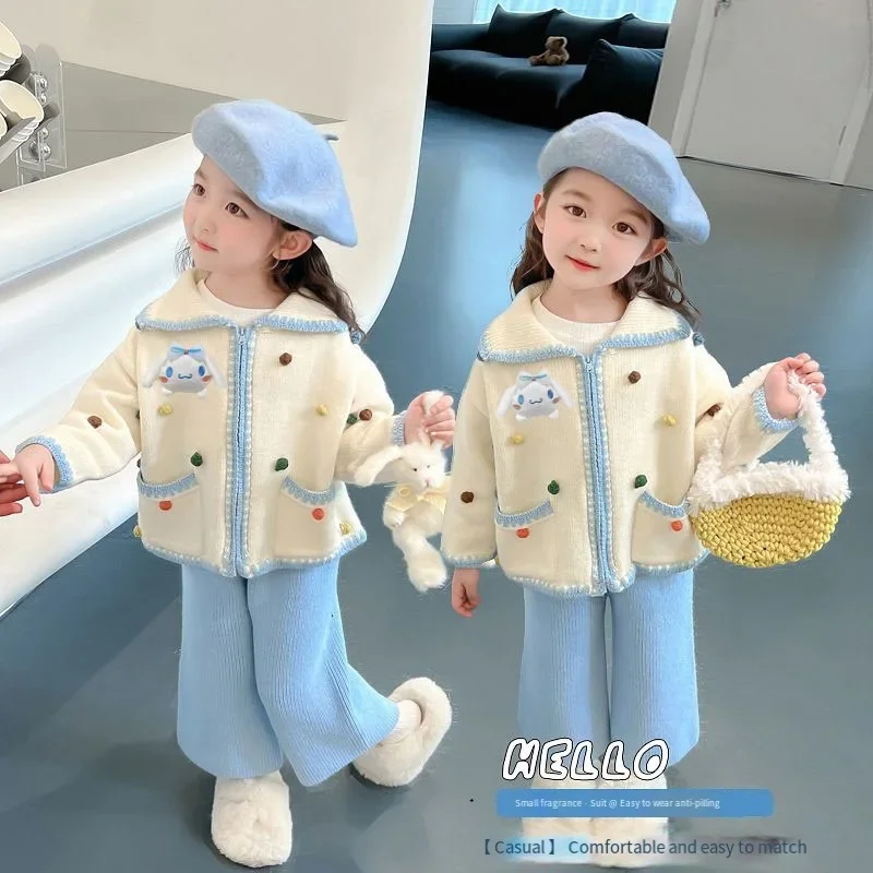 Pull et pantalon Sanrioed Cinnamoroll Anime pour filles, manteau d'automne, tenue de mode coréenne, cardigan deux pièces, haute qualité, nouveaux vêtements pour enfants