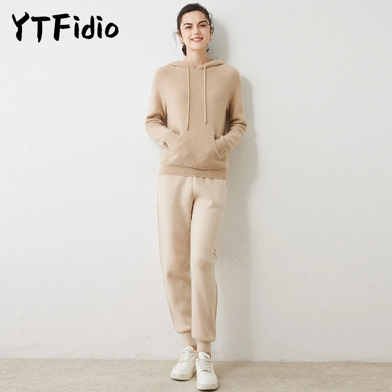 YTFidio 100% Cashmere Women Hat Tied Hoodie Sweater  Solid Knitted Tops Sweaters Casual Pullovers Jumpers 36