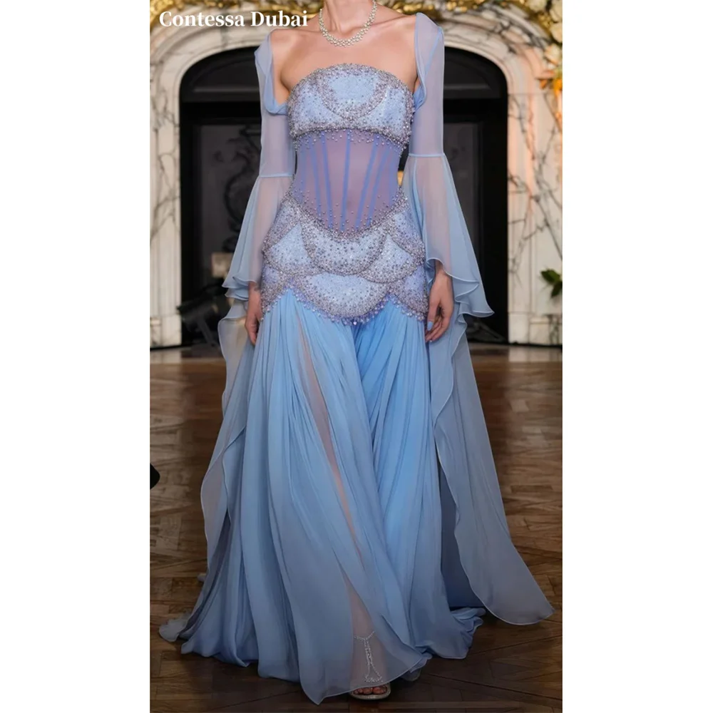 Contessa Custom Baby Blue Strapless Evening Dress Sheer Corset Prom Dresses Beaded Vestidos De Noche A‑Line Formal Evening 2026