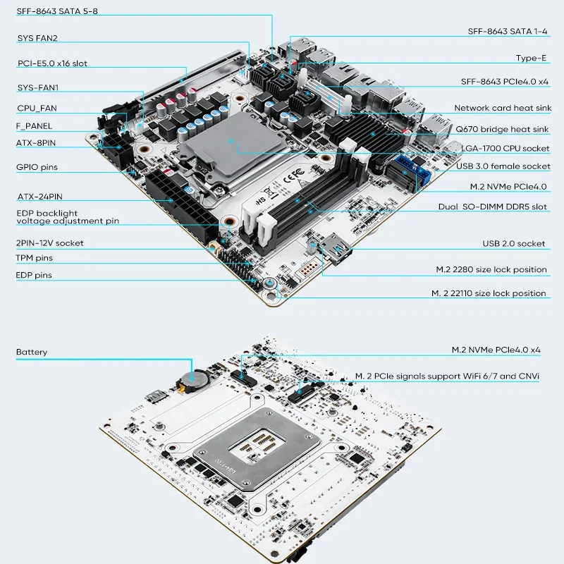 Q670 ITX NAS Motherboard LGA1700, 8x SATA + 6x M.2 NVMe, PCIe 5.0 x16, Dual DDR5, 2x 2.5G LAN, Firewall/Server Mini-ITX Board