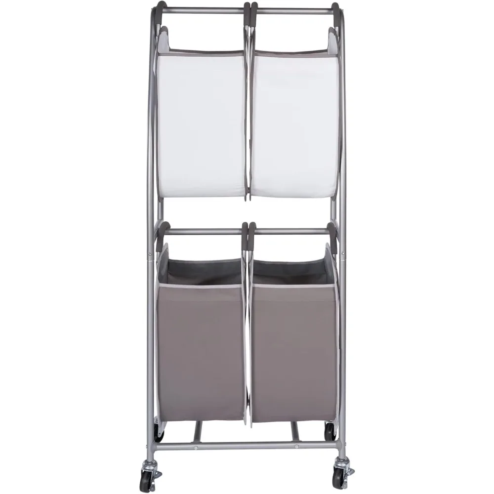 2 Tier Vertical Rolling Laundry Cart - Rolling Storage Cart On Wheels With 4 x Tote Hampers For Laundry, Towels, Blankets