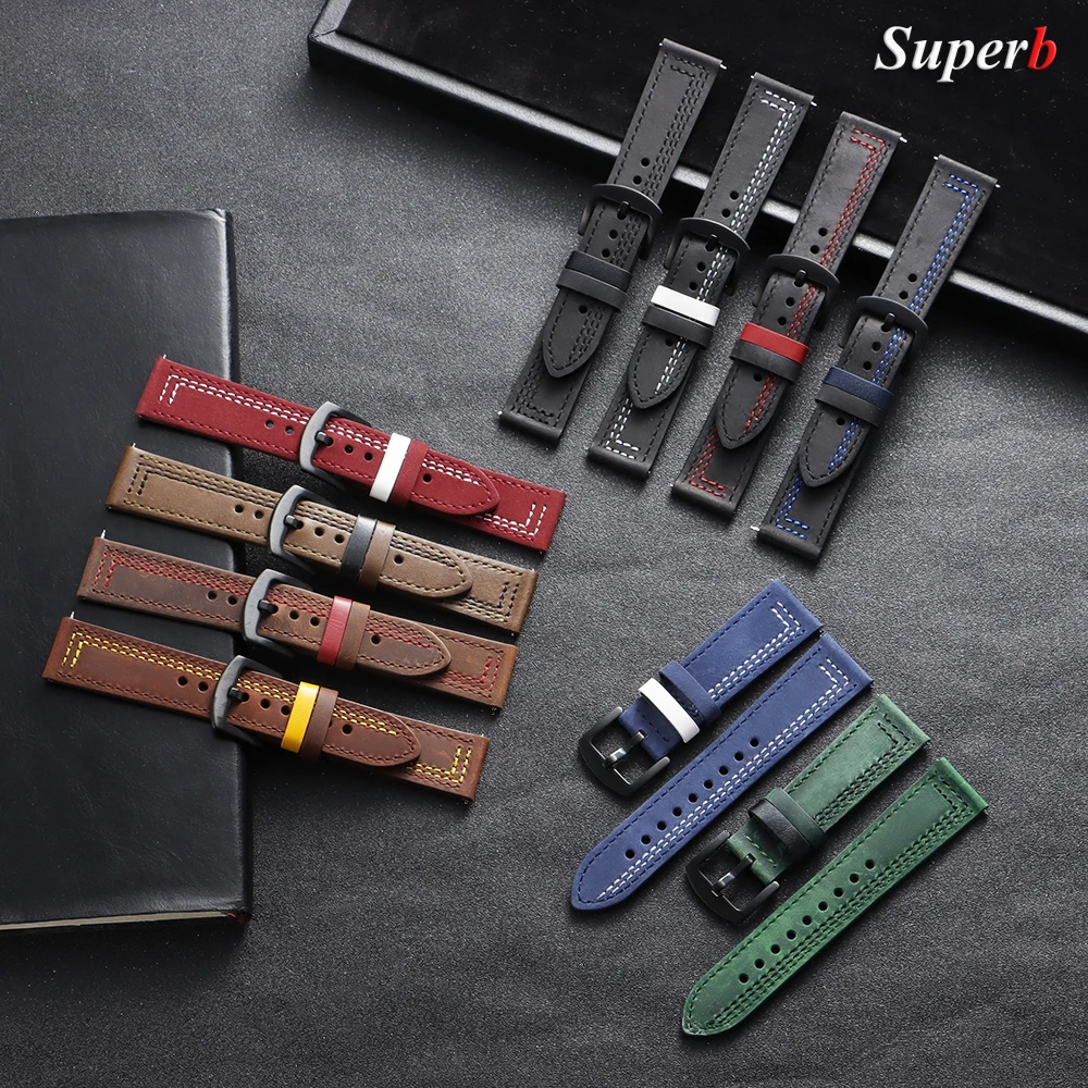 20mm 22mm Vintage Genuine Leather Watch Strap for Omega for Smartwatch Belt Quick Release Hand Stitching for Men Women Wristband