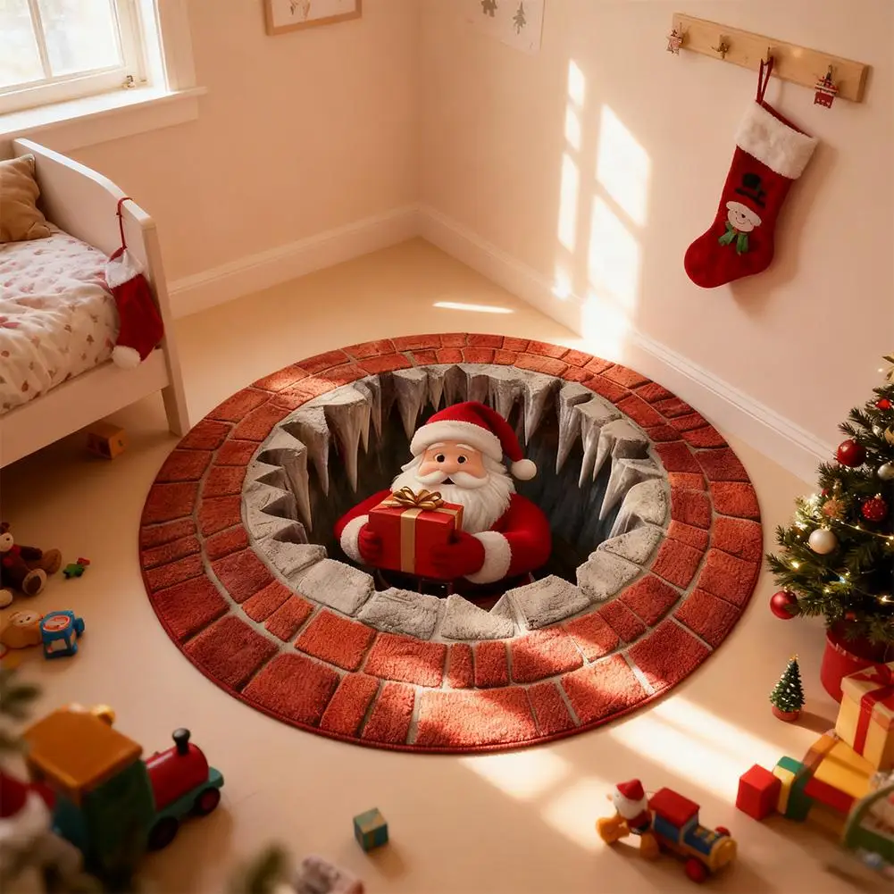 3d Christmas Round Rug Washable Non-Slip Xmas Rug Christmas 3d Rug Wear-Resistant For Bedroom Kitchen Entryway