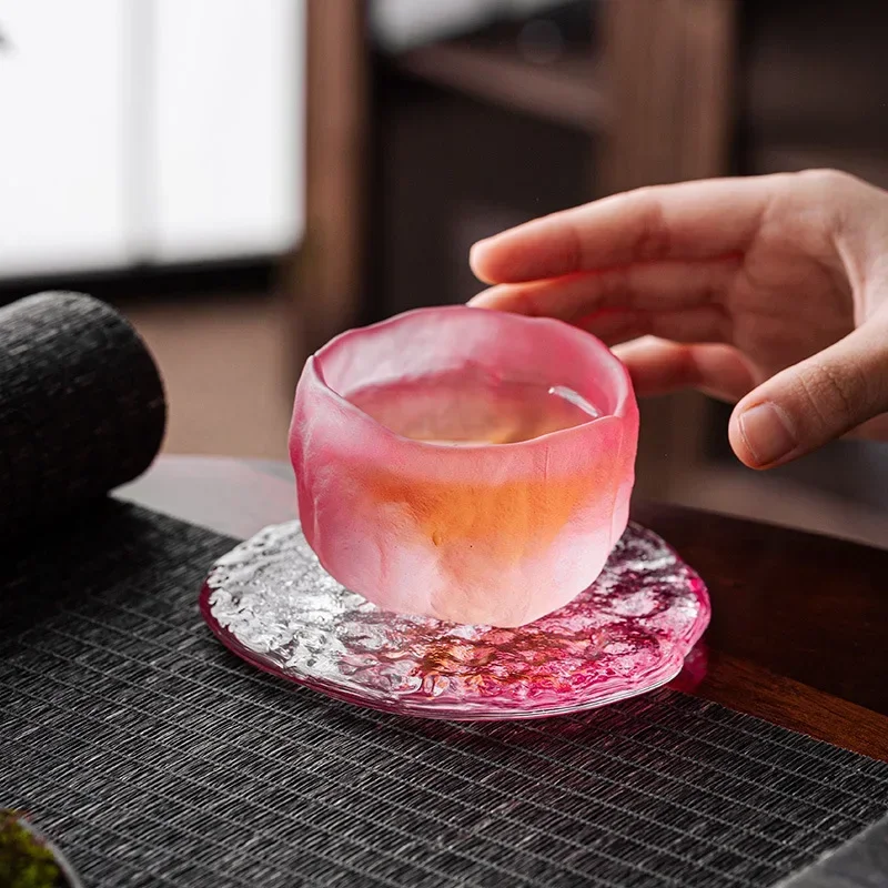 Japanese Pink Teacup for Women Crystal Sake Cup Colored Glaze Small Kungfu Flower Tea Cup Coaster Color Enamel Sakura Cup