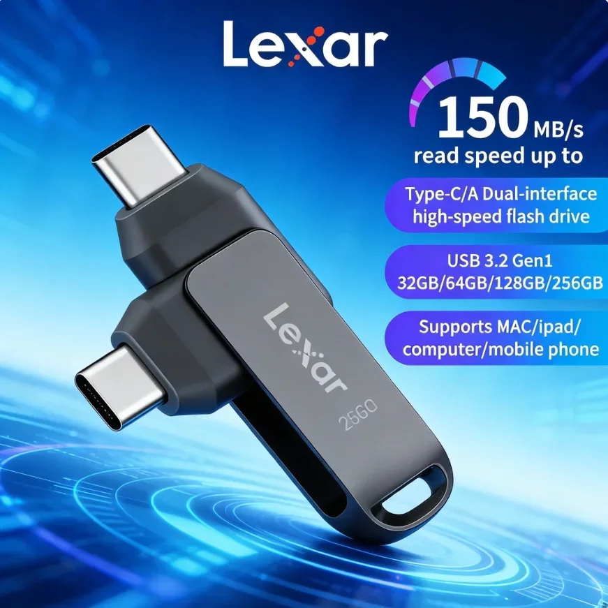 Lexar D400 Metal Flash Drive Dual Port 32GB 64GB 128GB 256GB USB 3.1 Type-C 130MB/s for Mobile Phone Computer