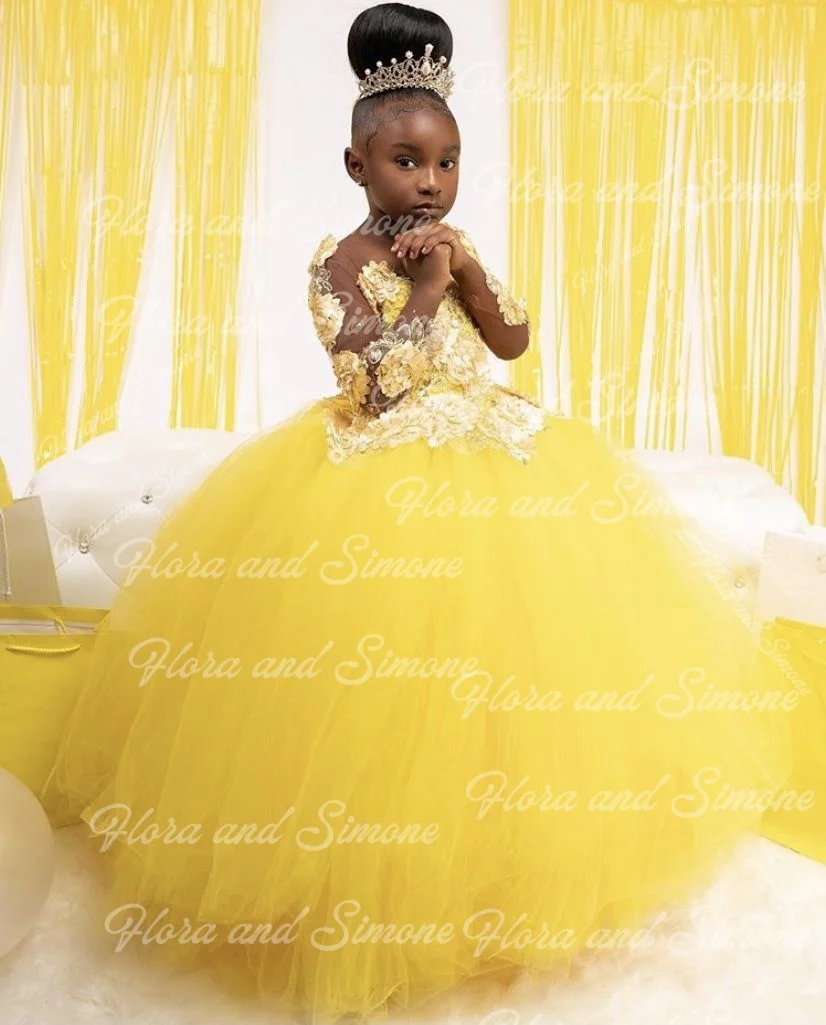 Vestido amarillo bordado de manga larga con encaje y flores para niñas, vestido de fiesta de princesa, actuaciones de baile para niños, sesiones fotográficas personalizadas