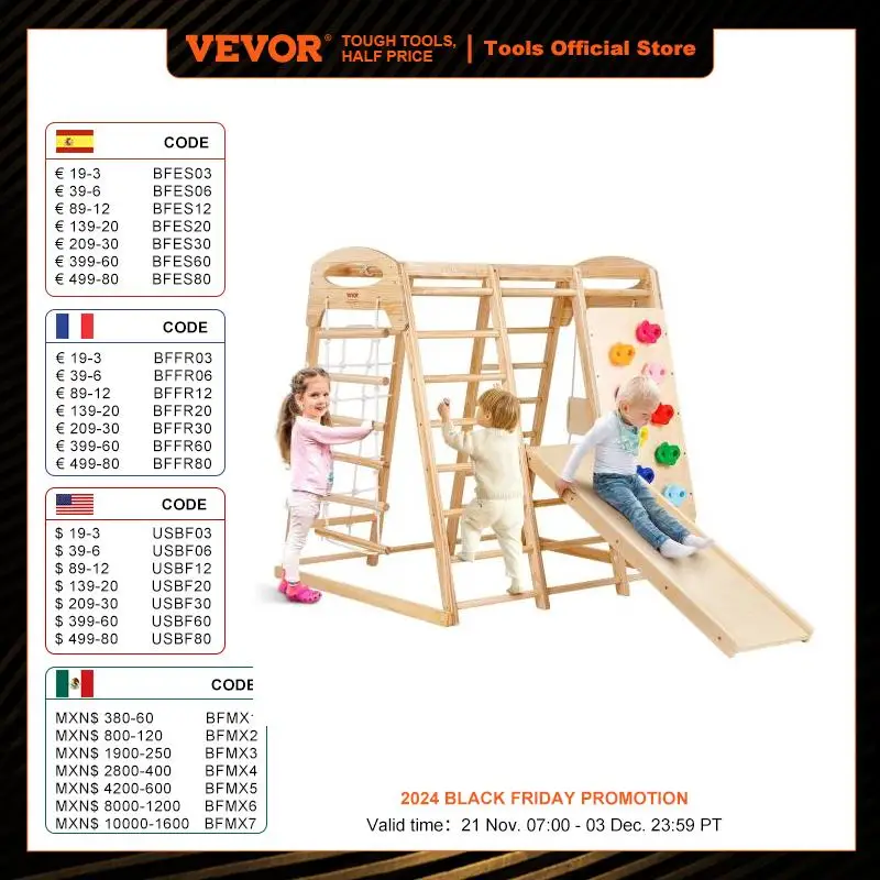 VEVOR Indoor Jungle Gym 7-in-1 Toddler Indoor Playground Wooden Toddler Climbing Toys Indoor with Wood & Rope Ladder Net Ladder