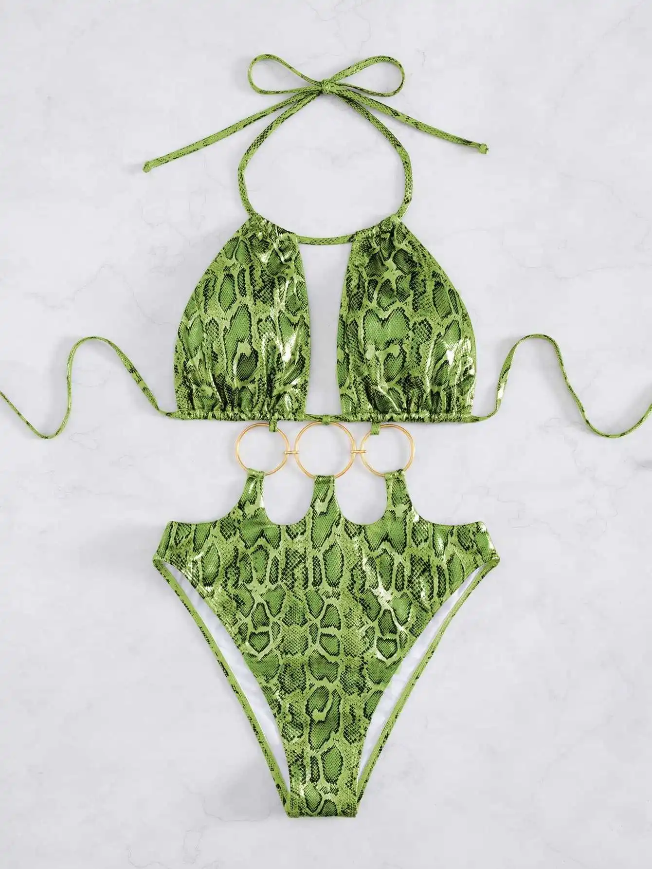 sexy snake print metallic metal ring swimsuits one piece hollow out bodysuits bikinis bathing suit swimwear biquini tankini