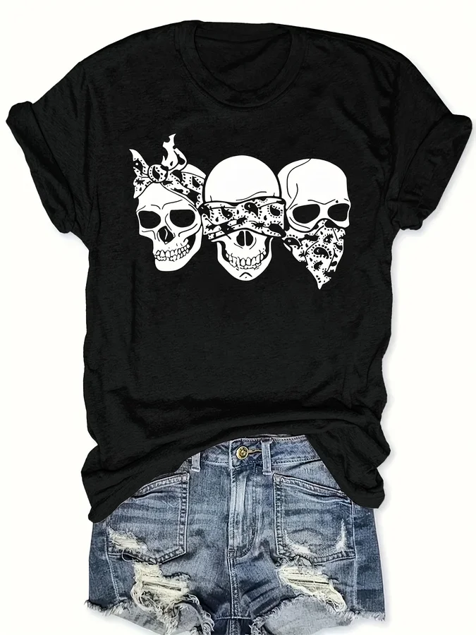 Happy Cartoon Skull T-Shirt, Loose Fit, Round Neck, Short Sleeves, Fashionable Tops for Women, Trendy Streetwear Style for Fashi