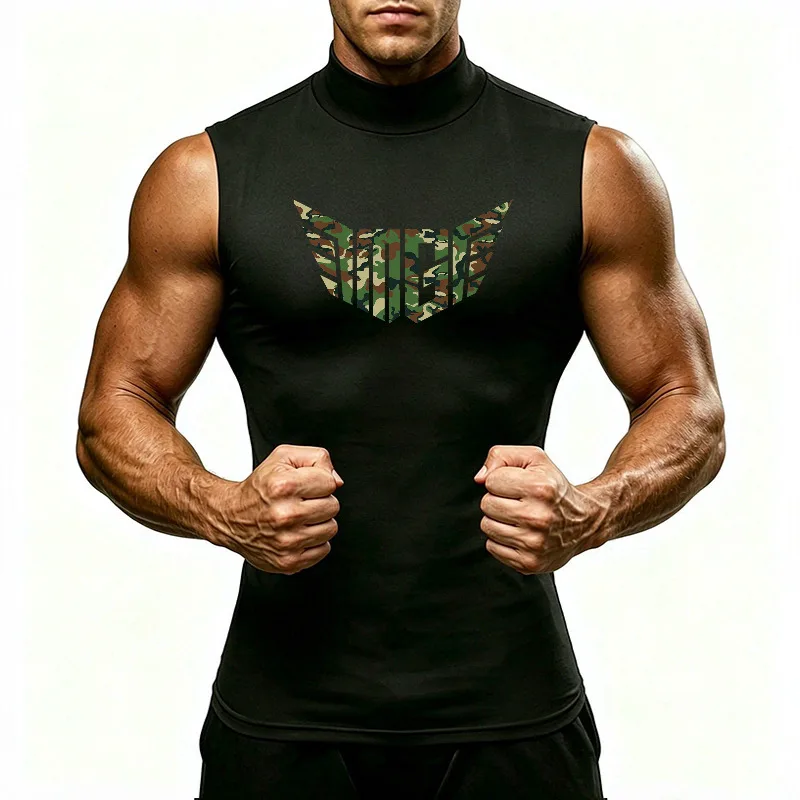 Men's Sleeveless Compression Running T-Shirts Quick Dry Moisture Wicking High Neck Athletic Shirt For Gym Training Workout