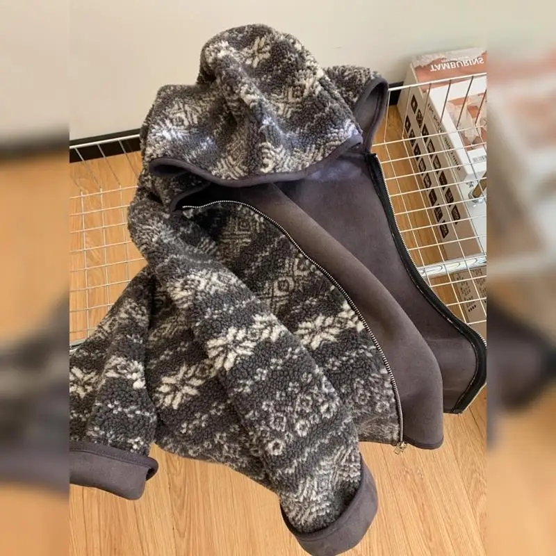 

Ранняя зима Fce Lamb Velvet Cisas пальто с капюшоном с рисунком теплый топ женский корейский свободный кардиган Jaet