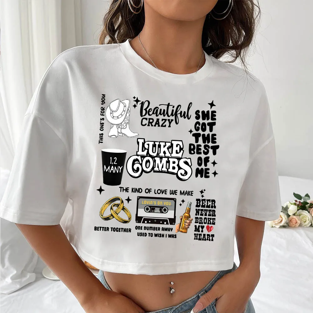 Luke Combs T-Shirt Women Crop Tops Girls O-Neck Short Sleeves Casual Loose Music Shirts Fans Gift