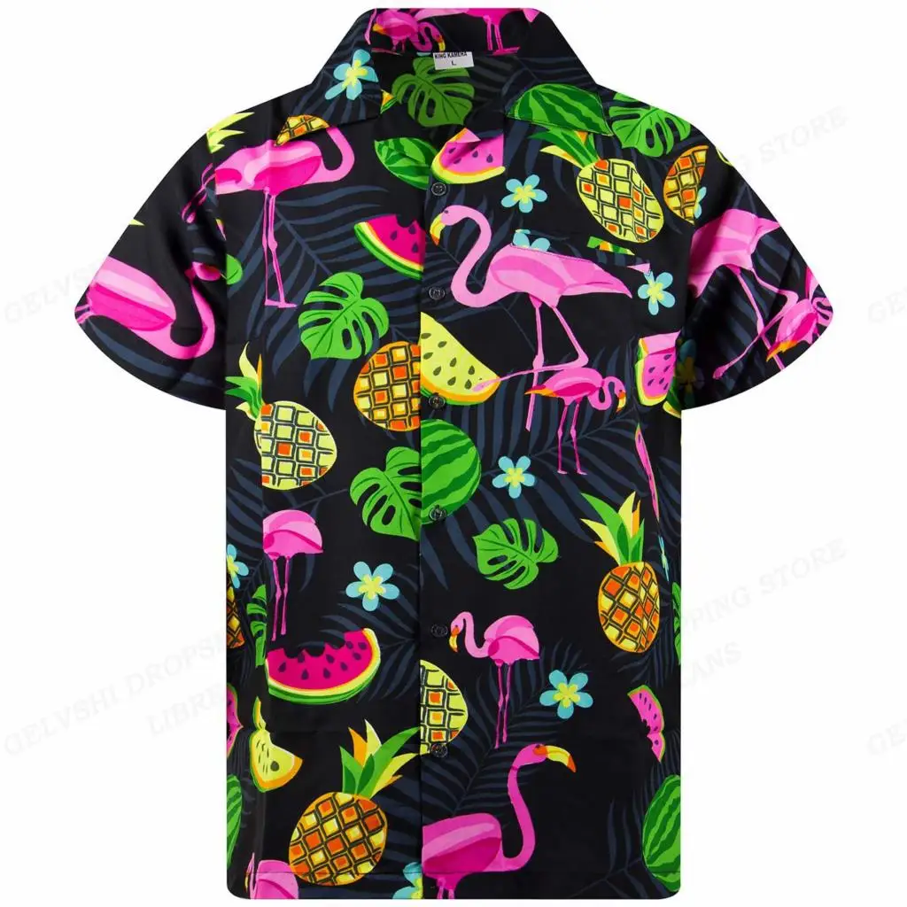 Flamingo Masculino e Feminino Camisa havaiana, 3D Print, Folha Tropical, Blusa Fashion, Manga curta, Vocação, Praia, Verão