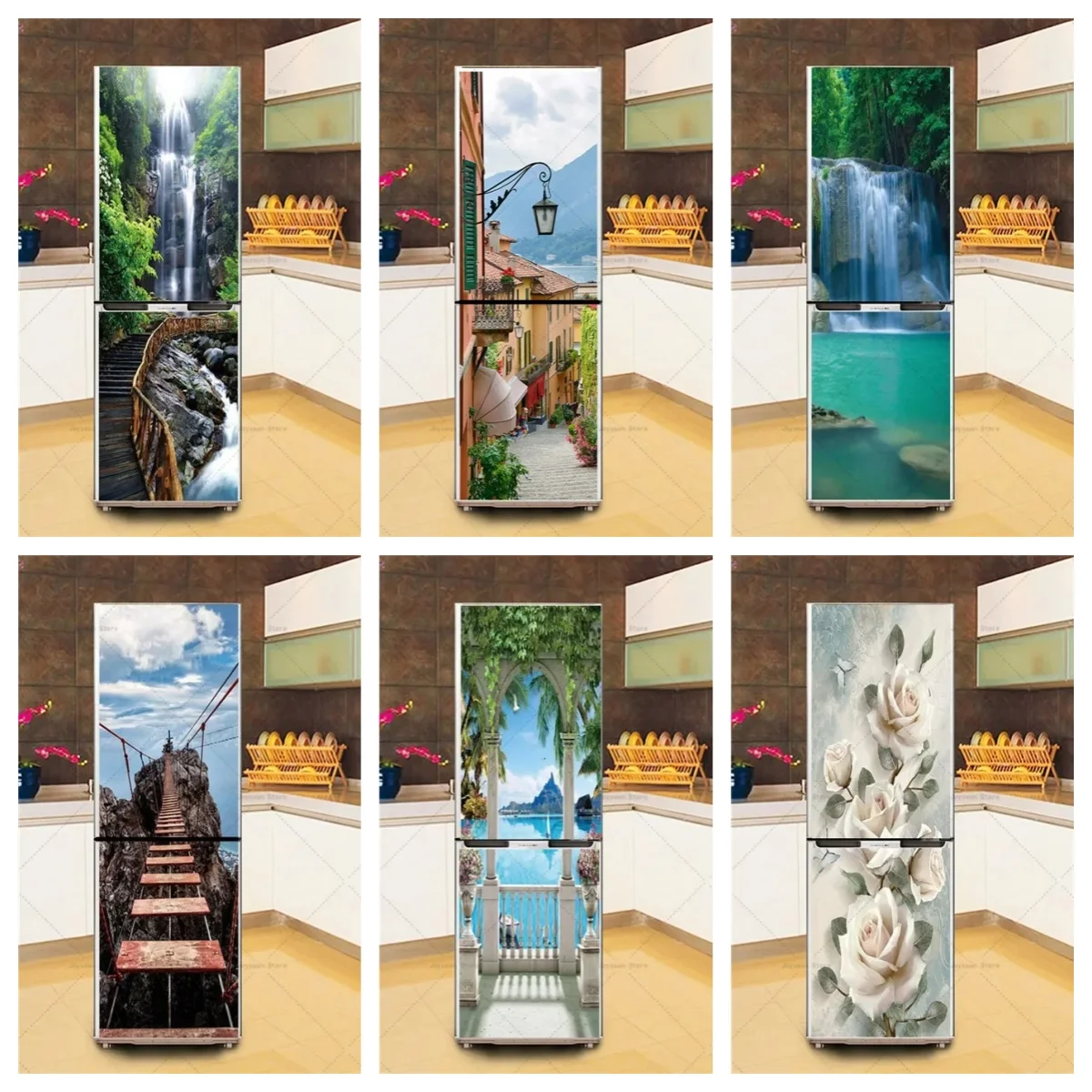 

Fridge Sticker Customizable Size Scenery Poster Vinyl PVC Waterproof Home Decoration Kitchen Refrigerator Mural Sticker