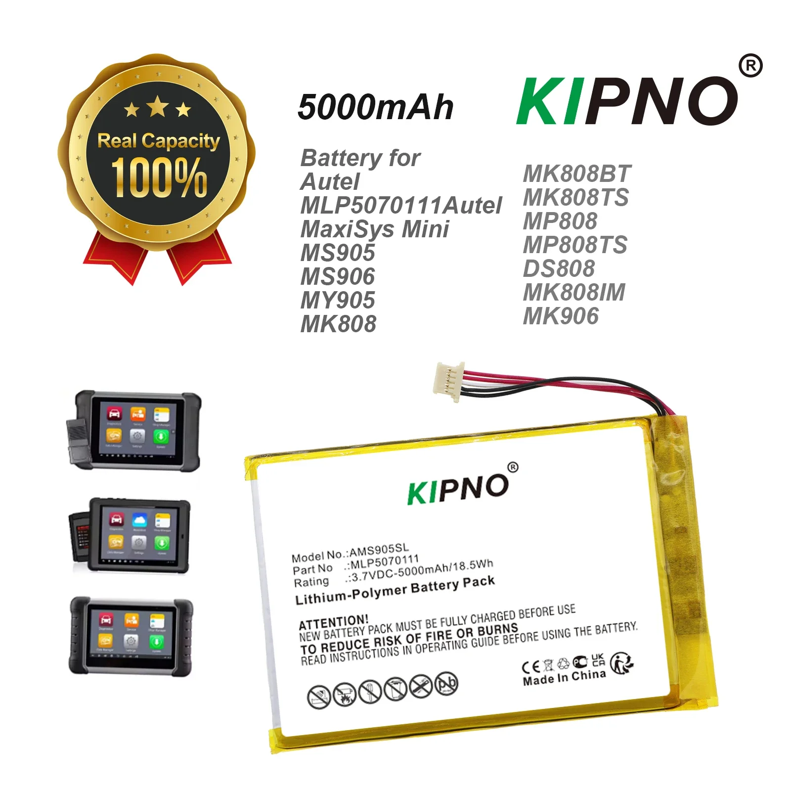 KIPNO 5000mAh Battery for Autel MaxiSys Mini,MS905,MS906,MY905,MK808,MK808BT,MK808TS,MP808,MP808TS,DS808,MK808IM,MK906,MS906CV