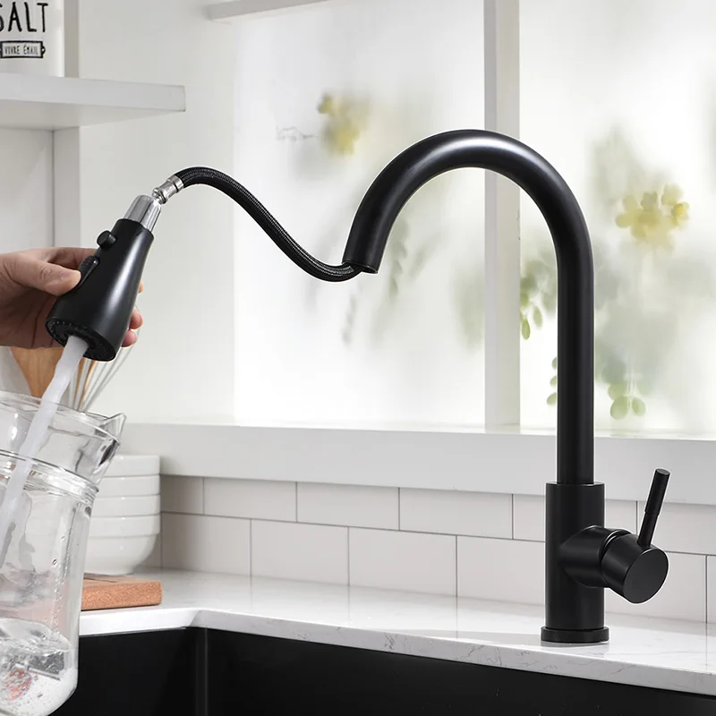 Pull Out Kitchen Sink Faucet With 3 Modes Water Outlet Spout 360 Degree Rotation Matte Black Kitchen Bar Water Mixer Tap