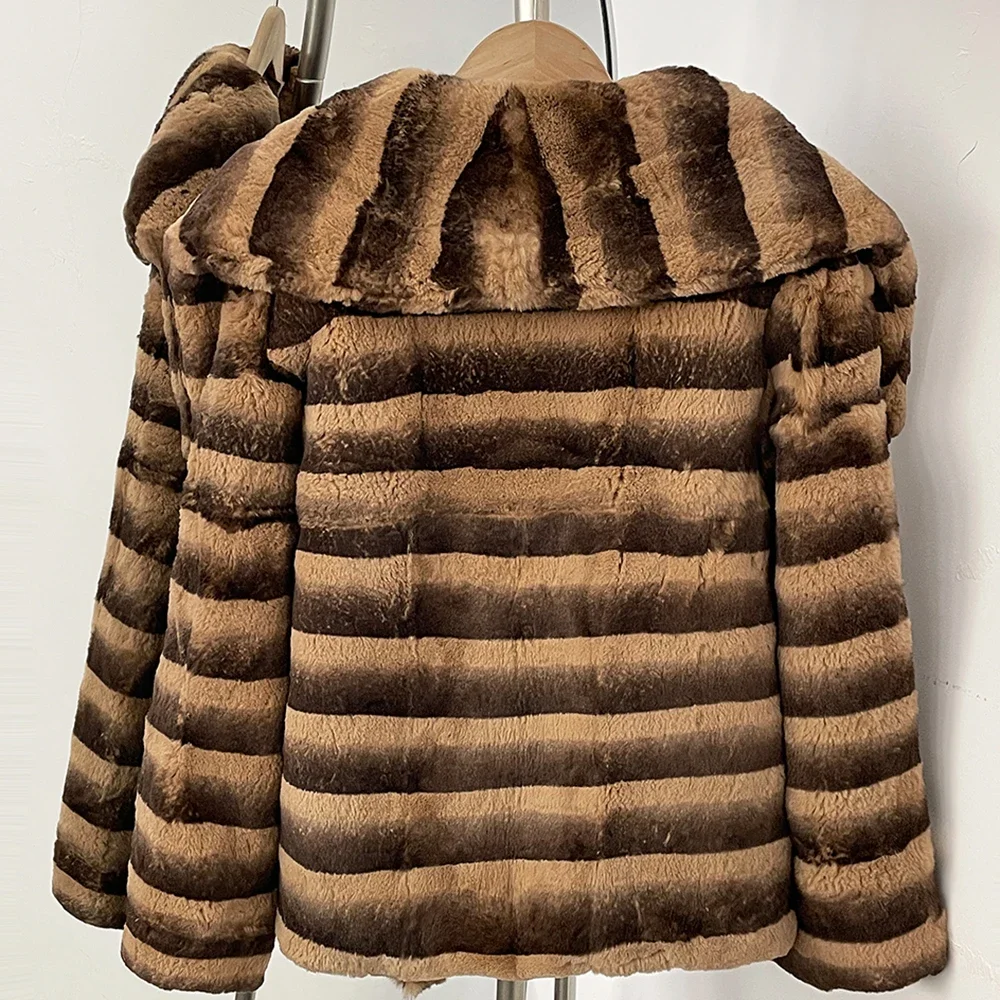 OFTBUY Neue Vintage Luxus Winter-Oberbekleidung Damen Kurze Echte Kaninchenfell-Jacke Kaltwetter Breiter Revers Gestreifter Pelzmantel Damen – Detail 7