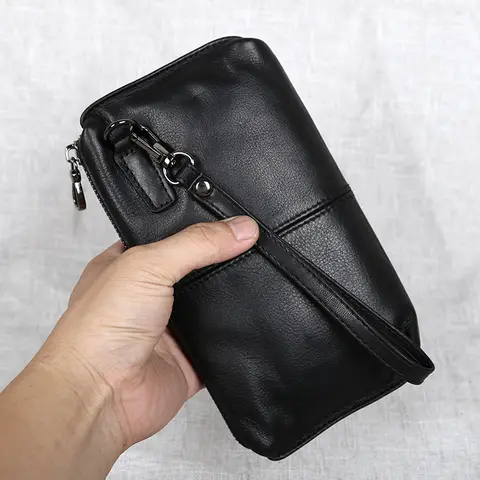 남성용 부드러운 가죽 레트로 캐주얼 첫 번째 레이어 소 가죽 긴 지갑 대용량 지퍼 전화 가방에 대한 정품 가죽 핸드백
