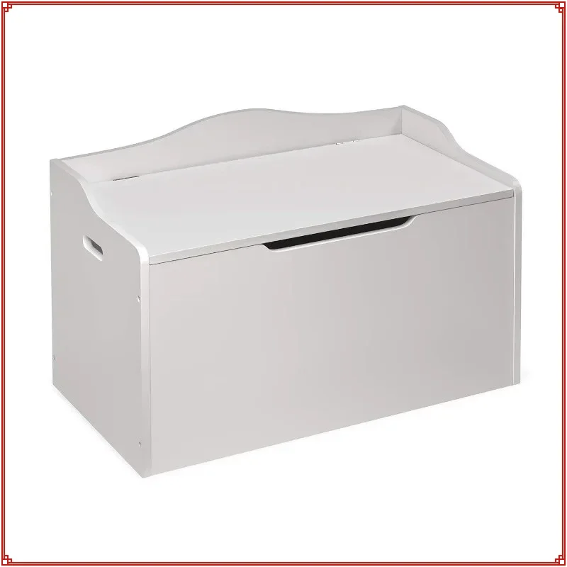 مقعد تخزين ألعاب آمن للأطفال خشبي - أبيض مع مفصلات أمان ومقابض لتنظيم غرفة اللعب #2