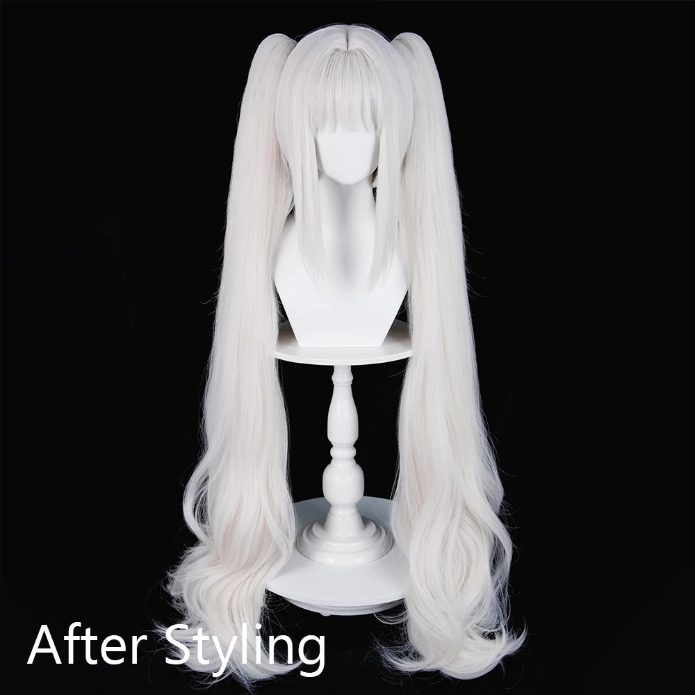 Short Straight White Synthetic Wigs with Bangs Long Double Ponytail Clip Anime Game Cosplay Fluffy Wig for Daily Party view 4