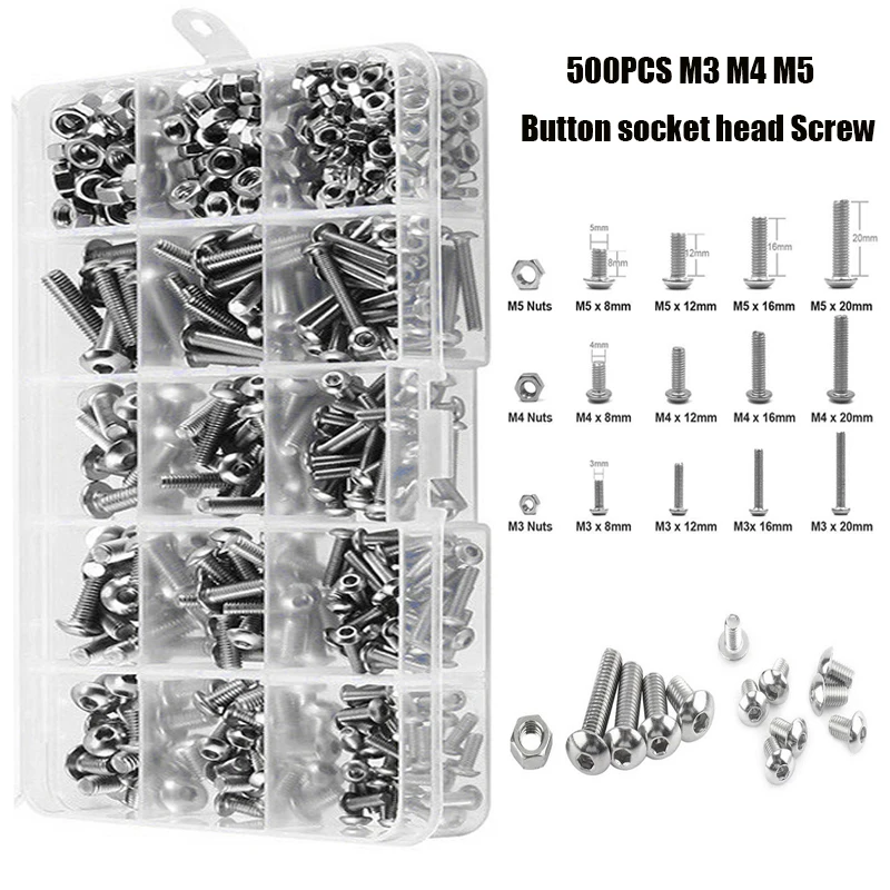 

500pcs M3 M4 M5 Hex Hexagon Socket Screw Set Stainless Steel Flat Button Cap Head Screw Kit Bolts and Nuts Allen Bolts Set