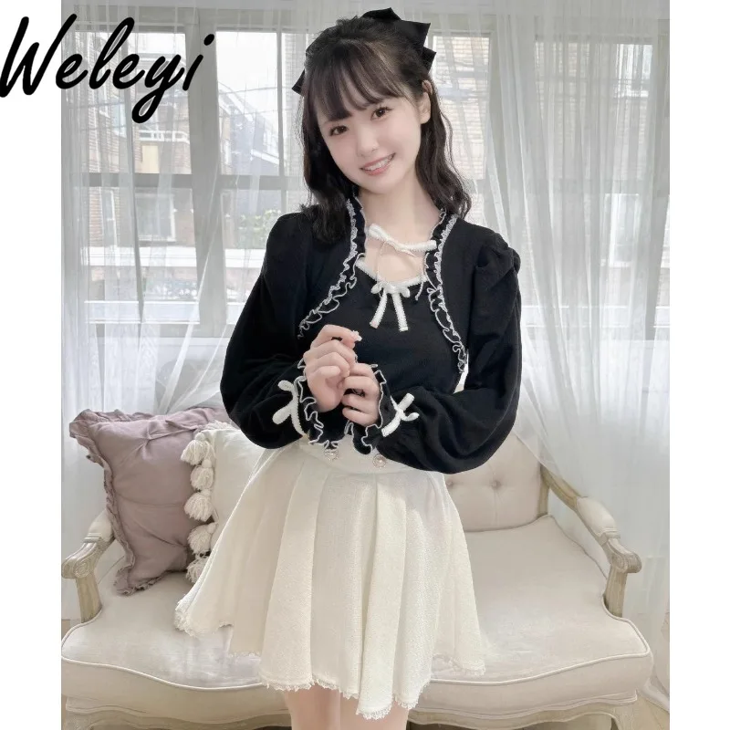 

Rojita Ropa De Mujer Cutecore Трикотаж 2024 Осень и зима Новый колледж Балетный кружевной воротник с бантом на шнуровке Пуловеры для девочек Свитер