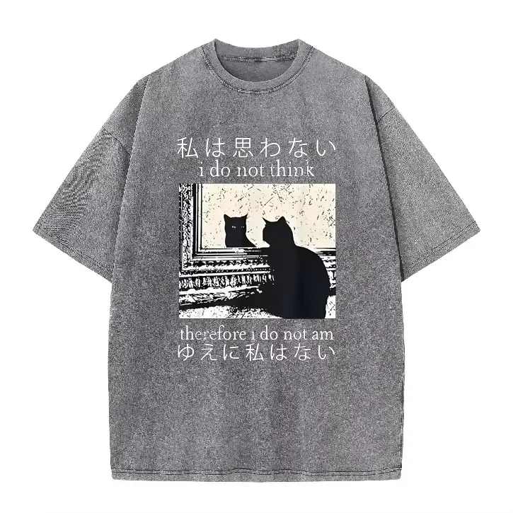 Camiseta Negra Oversize con Gráfico de Gato y Citas Japonesas, Estilo Vintage Lavado, para Amantes de los Gatos, Estilo Dark Academia, Top Urbano