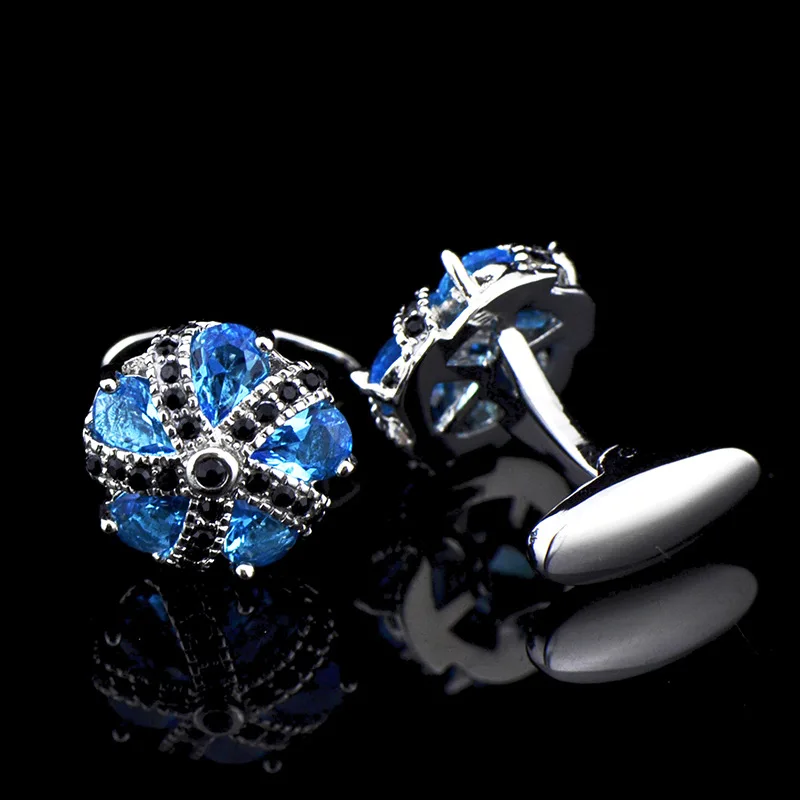 Blue Crystal Flower Crown Zirconia Round Luxury Cufflinks for Men Cuff Links Wedding Business Shirt Accessories Gifts for Him