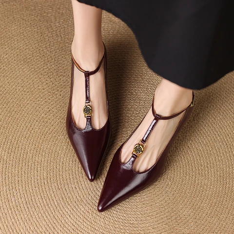 2025 Spring Women Pumps Women Shoes Pointed Toe Thin Heel High Heels Mary Janes Ladies Shoes Genuine Leather Red Wedding Shoes