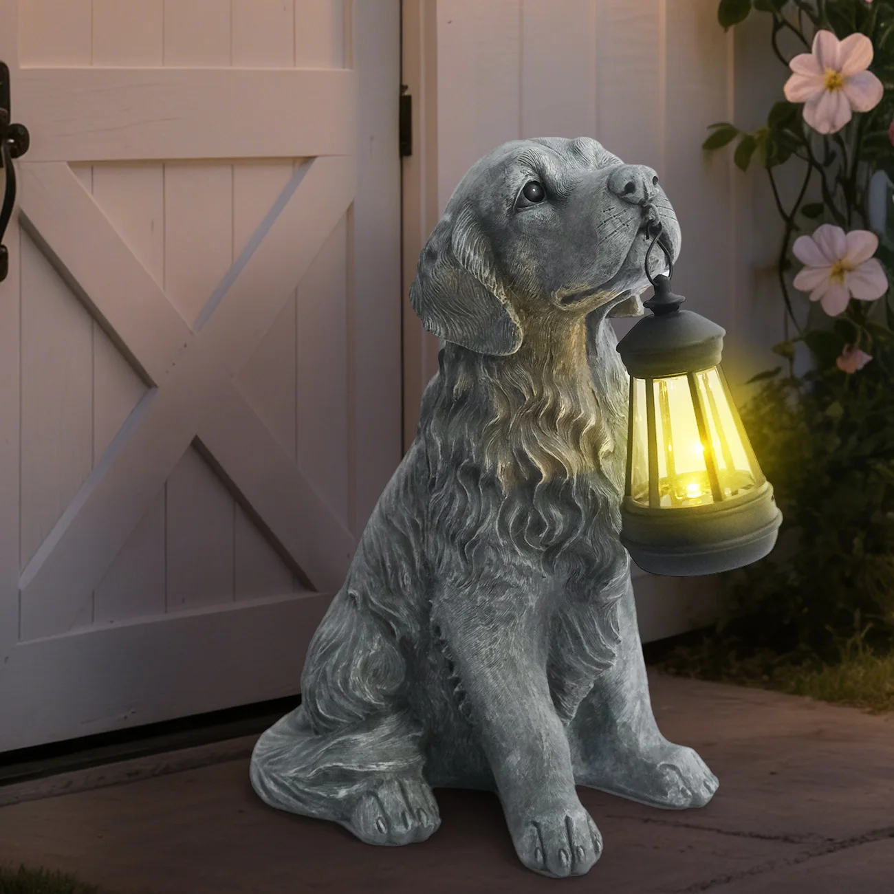 Golden Dog Solar Statue with Hanging Lantern Weatherproof Resin Puppy Figurine, Outdoor Yard Patio Lawn Garden LED Light Decor