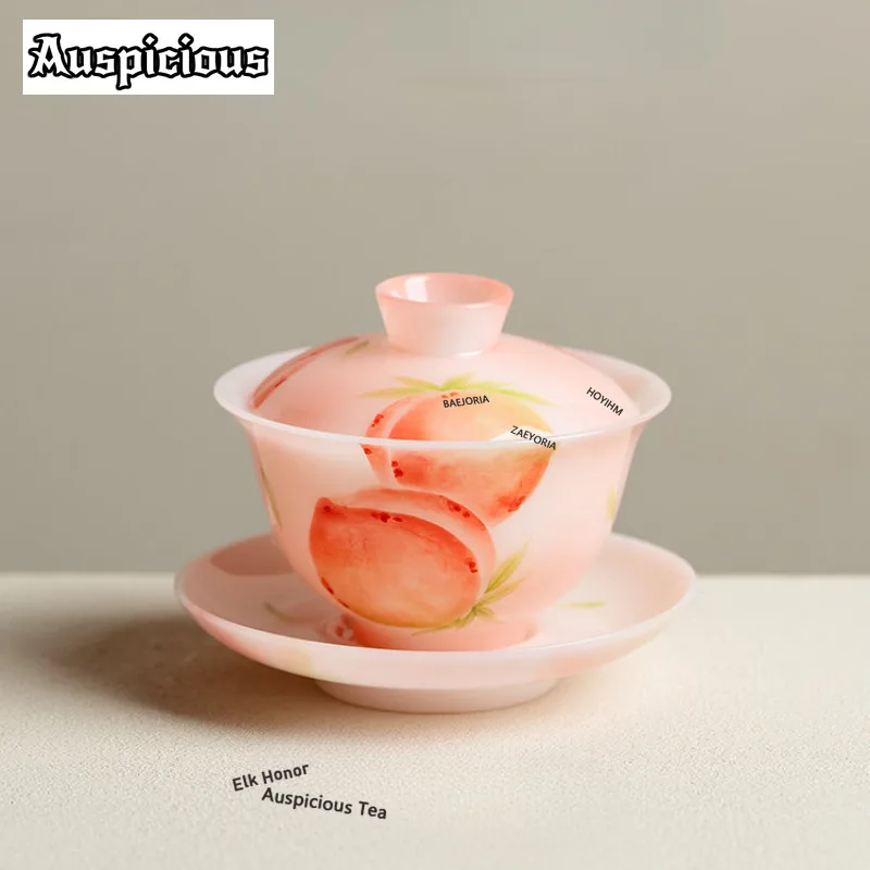 ZAEYORIA 120ml Ice Crystal Porcelain Pink Peach Gaiwan Ancient Tea Tureen Tea Bowl With Lid Kit Tea Brewing Cover Bowl Cha Gifts