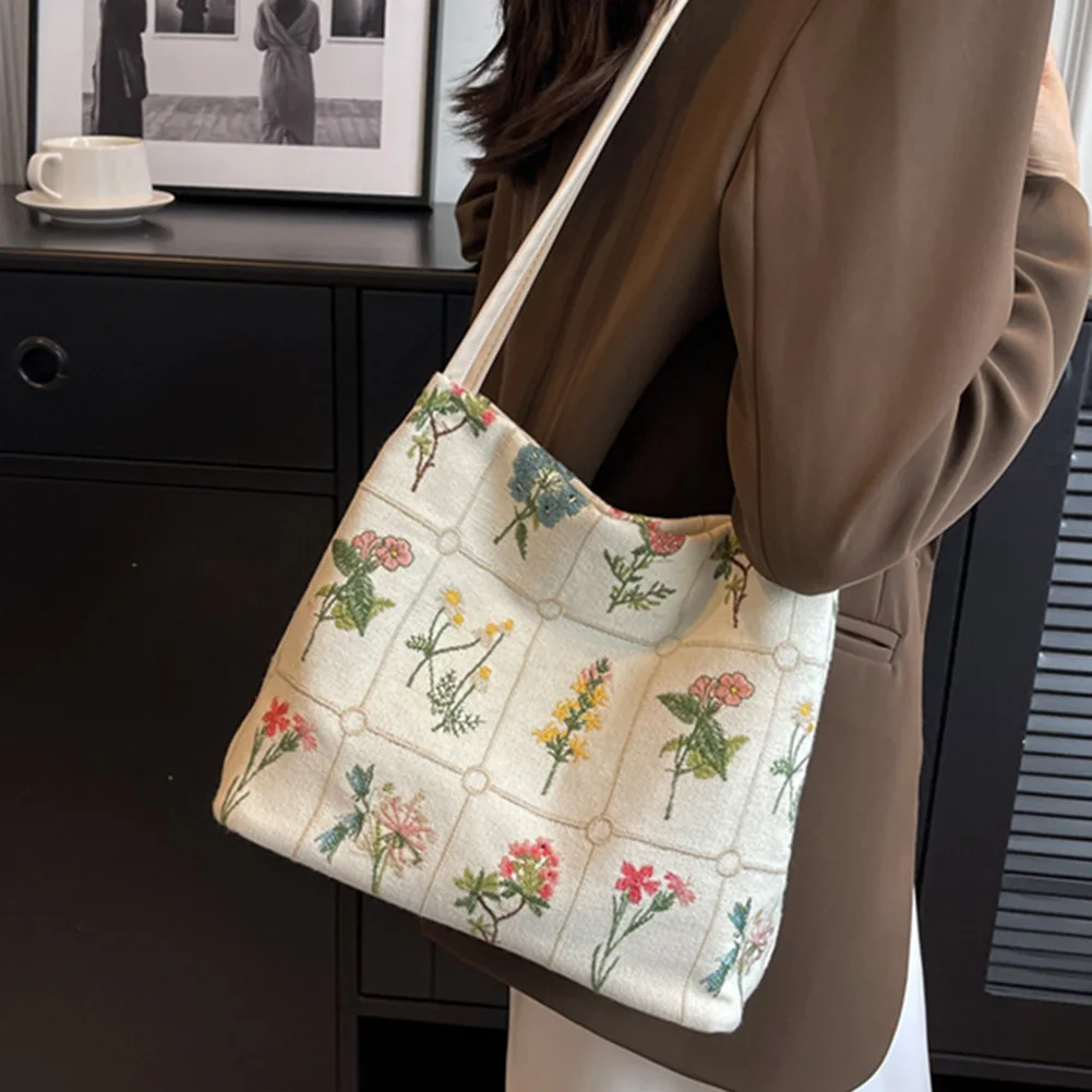 Ladies Floral Embroidered Underarm Bag Canvas Satchel Women Quality Bucket Bag Large Capacity Shoulder Bags Stylish Tote Handbag