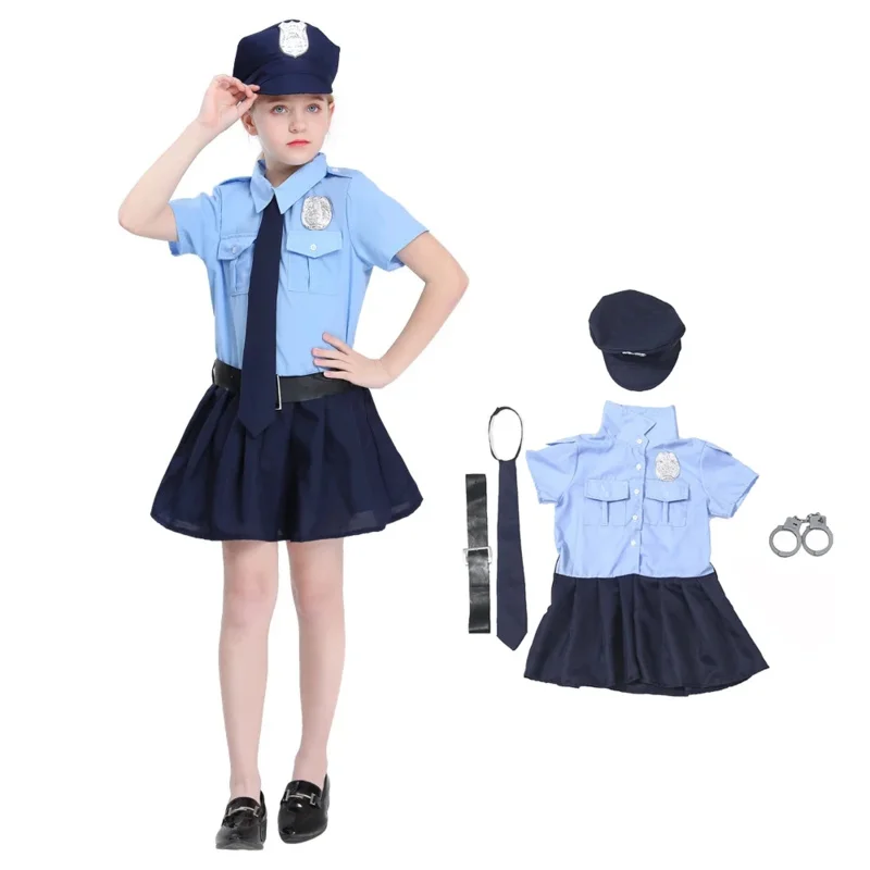 Costumi cosplay per poliziotti per bambini Uniforme da ufficiale di polizia per ragazze Ragazzi Vestito da polizia di carnevale di Halloween con manette giocattolo