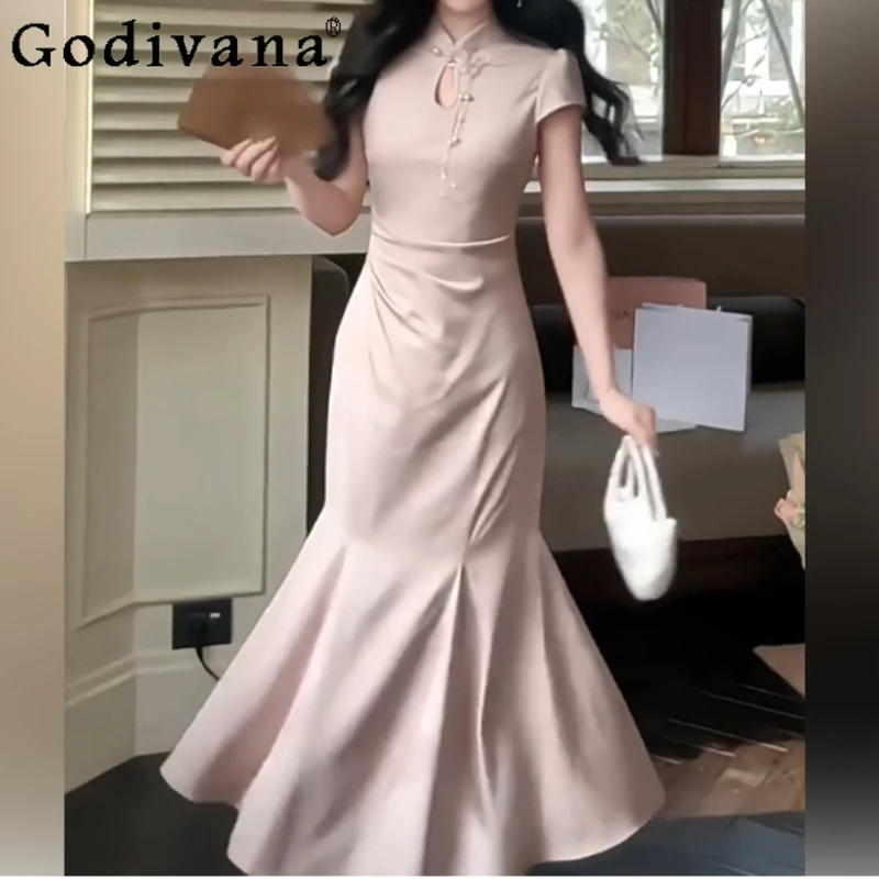 

Summer Large Size Women New Chinese Elegant Stand-up Collar Slim Cheongsam Versatile High Waist A-line Princess Fishtail Dresses
