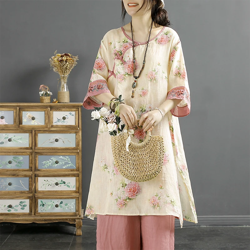 Haut en lin brodé rétro pour femmes, nouvelle collection d'été, longueur moyenne, fin, chinois, bouton latéral, slip, mélange de coton et de lin