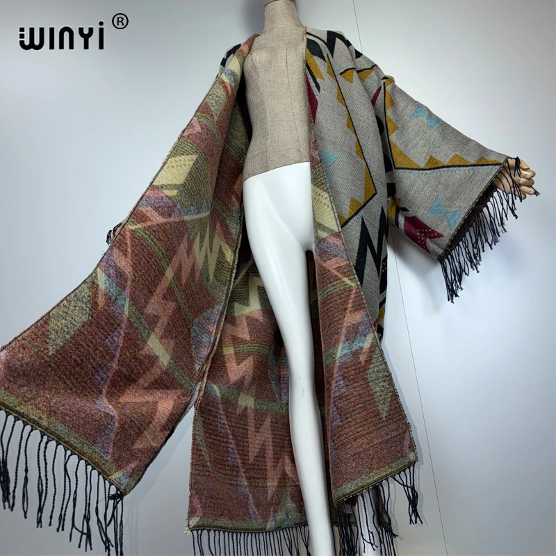 WINYI Herfst Vrouwen kwastje kimono print Lange Jas Losse vest femme Dikke Warme winter open voorkant kaftan abaya dubai luxe