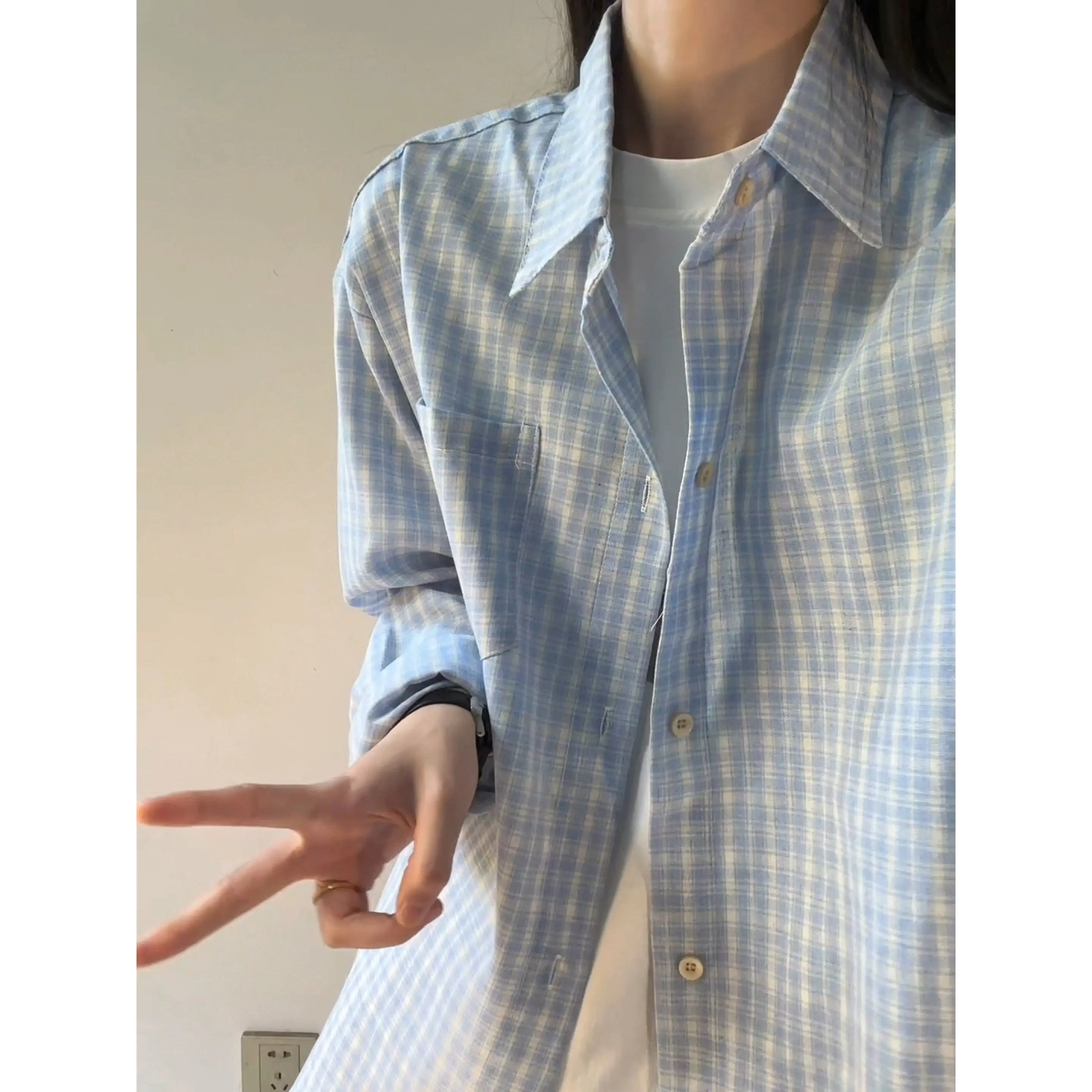 Cleanfit Blue Plaid Long Sleeve Shirt Lightweight Sun Protection Flip Collar Commute Korean Style Men's Women's Outerwear